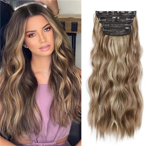 Hair Extensions, 4Pcs Clip in Curly Brown Blonde